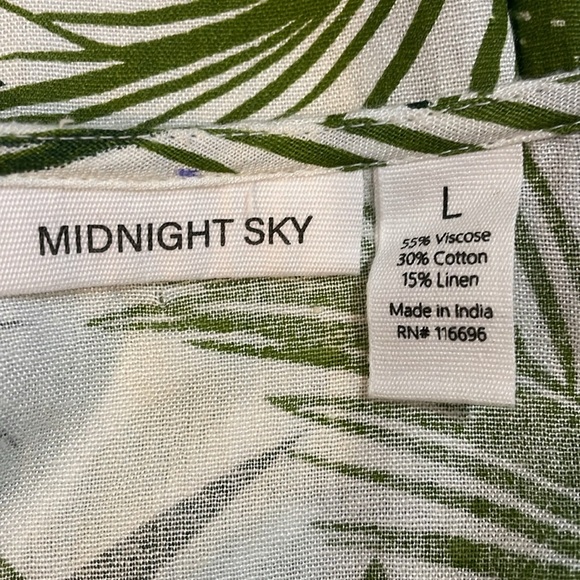 Midnight Sky Women’s Large Linen Blend Tropical Green White Tie Front Top - Picture 7 of 8
